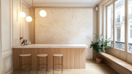 A minimalist bar area with light beige accents and wooden furniture.
