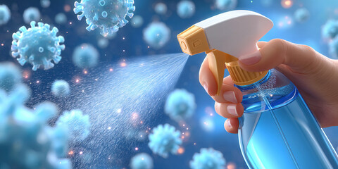 Hand spraying disinfectant spray killing virus particles in air with blue background and glowing effect