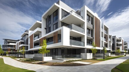 Fototapeta premium Modern luxury apartment complex with sleek architectural design and spacious balconies on a sunny day