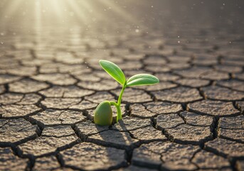 Resilience sprout cracking ground, New life emerging, Growth through hardship, Dry earth texture, Sunlight ray visual, Hope concept