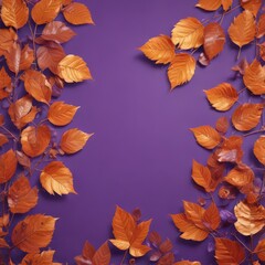 Obraz premium Dry orange metallic leaves, violet backdrop Geometric autumnal design , metallic, leaves