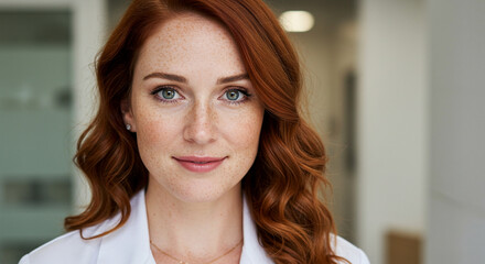 Portrait of a confident young woman with vibrant red hair and freckles