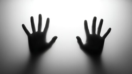 two ghostly, translucent silhouettes of human hands pressed against a frosted glass or hazy white surface, creating a sense of mystery, touch, or separation, rendered in grayscale tones.