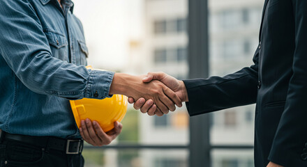 Construction Partnership: Engineer and Investor Shake Hands on New Building Project