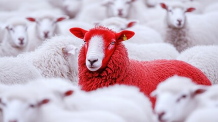 Crimson individuality, A vividly colored sheep stands out within a flock