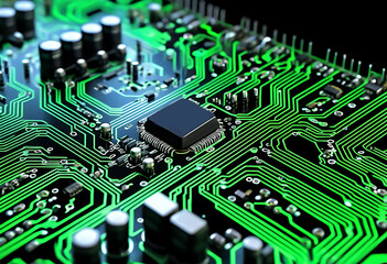 Fototapeta premium Macro image of a circuit board with glowing electrical paths and components