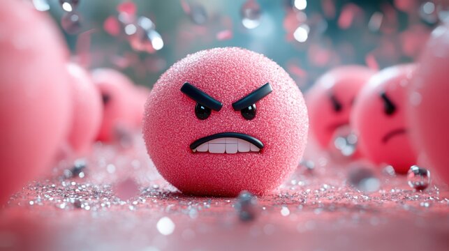 Angry emoticon, digital, pink, glitter, background, stress, concept