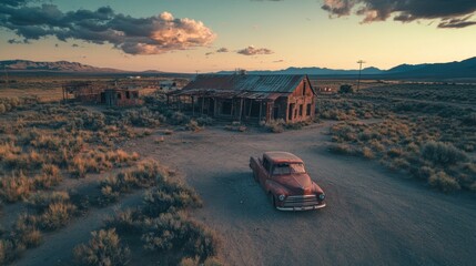 Forgotten dreams, Deserted roadside scene with vintage car and ruins