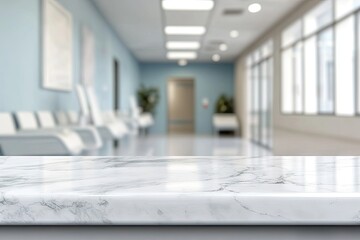 A serene indoor scene featuring a vibrant potted plant on a marble countertop. with a blurred modern office background showcasing large windows and greenery