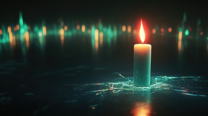 Ethereal Candle Flame Glowing in a Dark Environement with Reflections and Light Effects