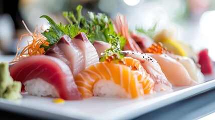 Assortment of fresh sashimi pieces served on a white rectangular plate