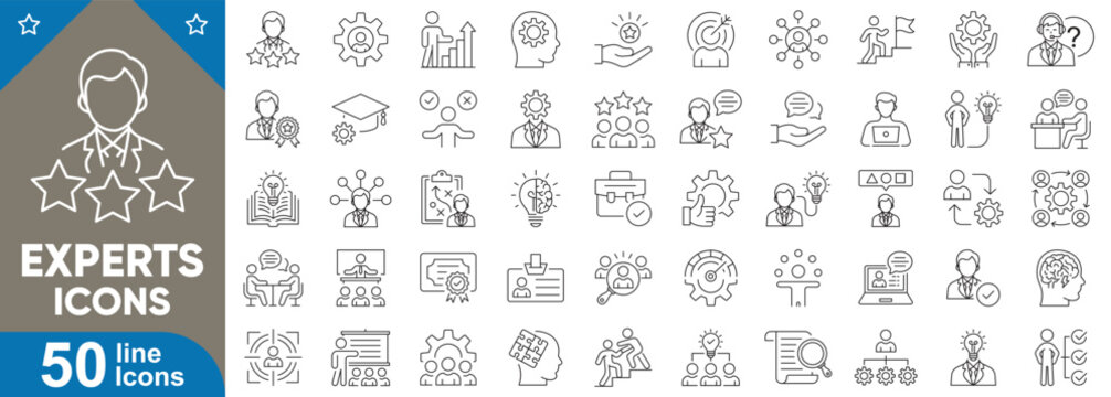 Experts icons set. Knowledge, skill, advice, bulb, specialist, consultation, brainstorming, strategy guide, mentor, problem solver, thought leader and more. Thin line vector illustration