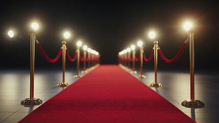 A red carpet lined with gold stanchions leads into the distance, illuminated by warm spotlights. Elegant event entrance. A path to success.