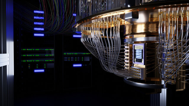 3d render of the lower portion of a quantum computer featuring the qubit chip.