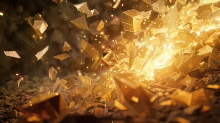 Golden shards and particles scattered in a dynamic abstract explosion with a bright light source