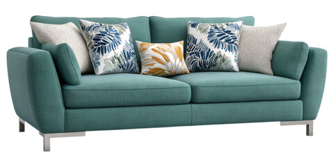Teal Fabric Sofa with Modern Design and Stylish Throw Pillows for Living Room Decor