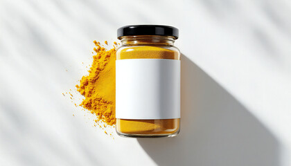 A glass jar of vibrant turmeric powder is presented, with the bottle’s pristine label a testament to its purity, beside a delicate patch. A burst of golden.
