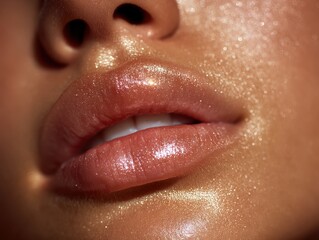 Close-up of shimmering lips with glossy highlight capturing the beauty of radiant complexion along with a soft glow effect illustrating modern skincare trends and the allure of lip cosmetics