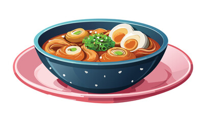 Rich Soy-Based Ramen with Egg Halves and Pork Belly - Vector Illustration