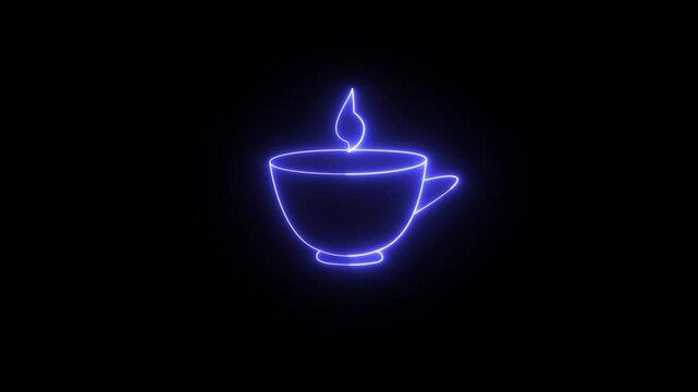 A neon coffee cup set against a dark background. Modern coffee cup icon animation. Coffee icon Neon Style 4k video footage.