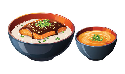 Unagi Donburi Served with Traditional Miso Soup Bowl - Vector Illustration
