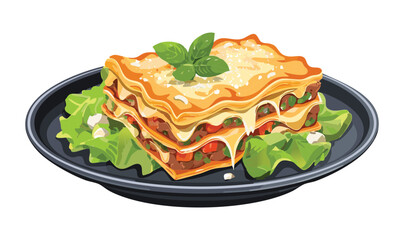 Layered Lasagna Served with Green Salad Leaves - Vector Illustration