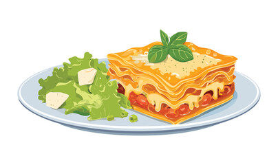 Baked Lasagna Plate with Fresh Lettuce and Cheese - Vector Illustration