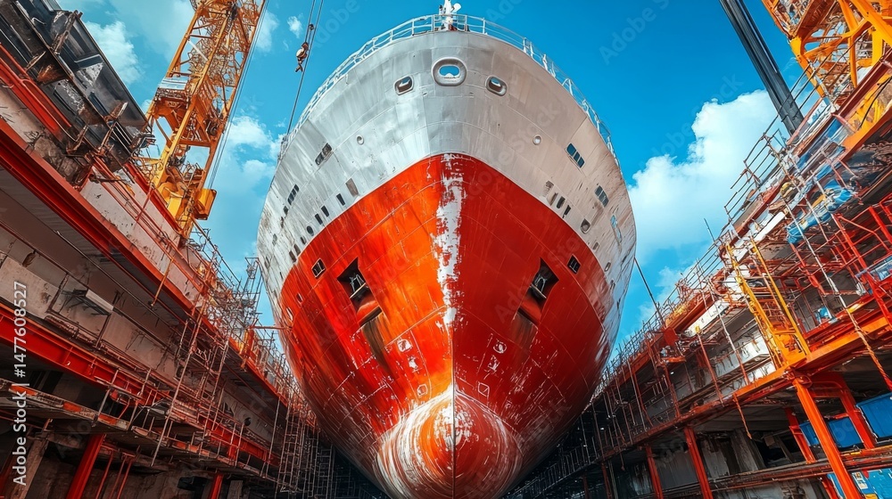Poster a large ship is being constructed in a shipyard with heavy machinery and scaffolding surrounding it,