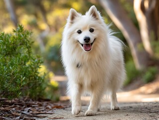 Happy white dog strolls down a path