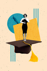 Creative trend vertical collage of happy student girl stand master degree graduation hat education...