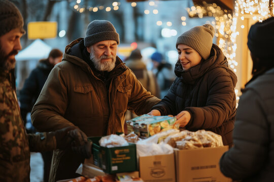 People Sharing Goods At A Snowy Winter Market At Night