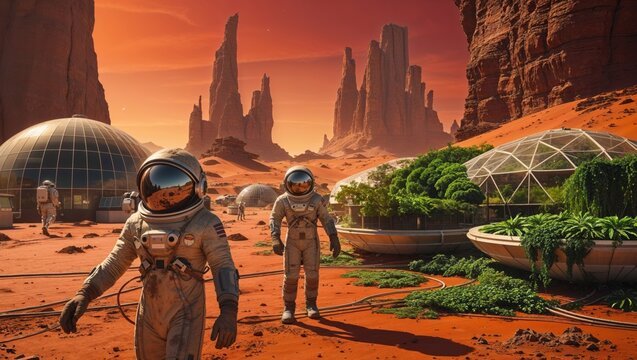 Astronauts explore a Martian colony, cultivating life amidst the red planet's dramatic landscape. A hopeful vision of future space exploration.