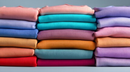 Stacks of colorful folded fabrics or sweatshirts arranged neatly in rows