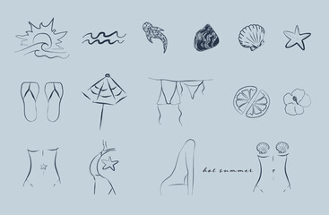 Minimalist summer doodle set, hand drawn line art of beach and sea elements