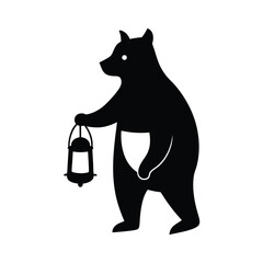 Stylized silhouette of a bear holding a lantern symbolizing adventure and exploration on white background © Uttam