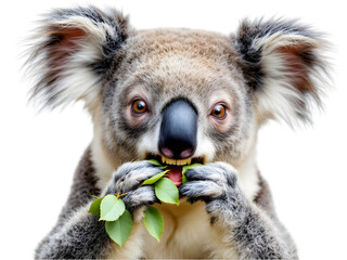 Obraz premium Adorable Koala Eating Eucalyptus Leaves Close Up Wildlife Photography Australian Animal Nature Portrait Cute Furry Mammal Fauna Wild Forest Bush Tree Grey 