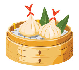 Shrimp Dim Sum on Steamy Bamboo Basket - Vector Illustration