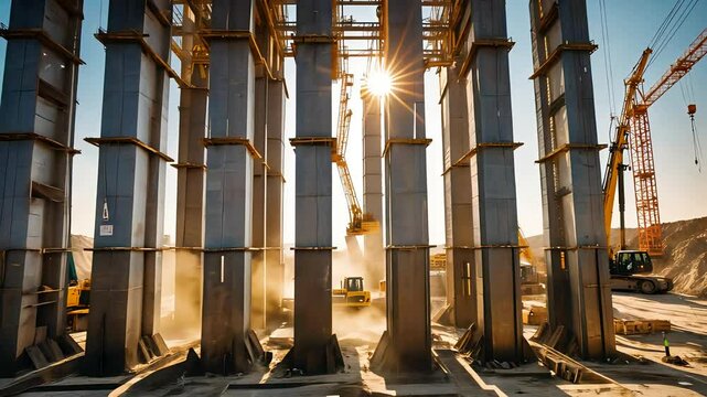 Concrete Pillars Rising at Industrial Construction Site During Sunset