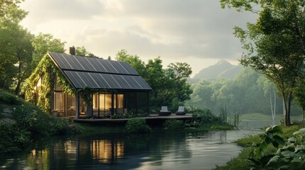 Fototapeta premium Modern eco-friendly house with solar panels by a lake in a forest at sunset.