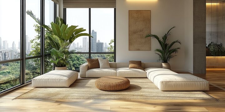 Spacious, modern living area with city views.