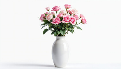 Fototapeta premium A bouquet of pink roses arranged elegantly in a white vase. The composition exudes serenity and a delicate beauty.