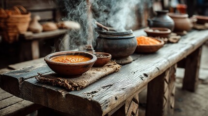 Rustic wooden table, steaming bowls, colorful spices