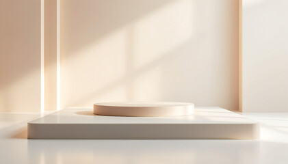 A modern architectural design, where natural light cascades across a simple and geometric platform, with a cylindrical pedestal, evoking a sense of tranquility and minimalist elegance.