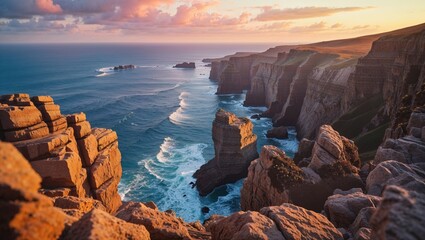 Spectacular sunset over dramatic coastal cliffs and ocean waves. The warm light bathes the rocky landscape in golden hues.