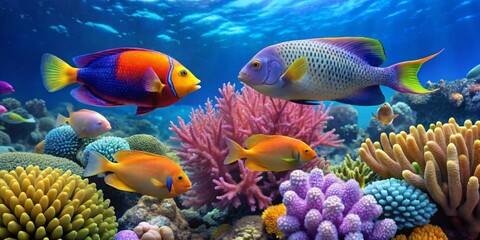 Naklejka na ściany i meble Vibrant Reef Scene Featuring Colorful Fish and Coral Formations in a Thriving Underwater Ecosystem