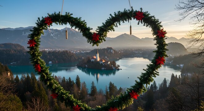 Heart Shaped Garland Framing Island Church in Lake View