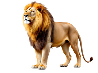 Obraz premium Majestic African Lion Standing Proud Powerful Wildcat Golden Mane Brown Fur Powerful Animal King Wildlife Nature Photography Predatory Mammal big beast regal 