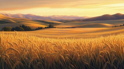 Obraz premium Golden wheat field stretching to distant hills at sunrise.