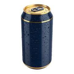 A stylish navy blue aluminum soda can with water droplets on a white background.