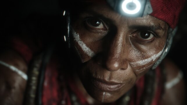 Portraits of futuristic humans with tribal markings blended with advanced tech implants. Clothing combines natural textures and glowing fibers.